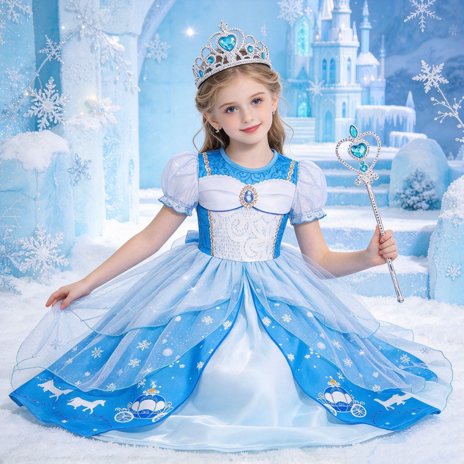 Jurebecia Girls Blue Princess Dress up Costume 3 Piece Set with Crown and Wand Carriage Print Tulle Party Dresses 5-6 Years - 图片 16