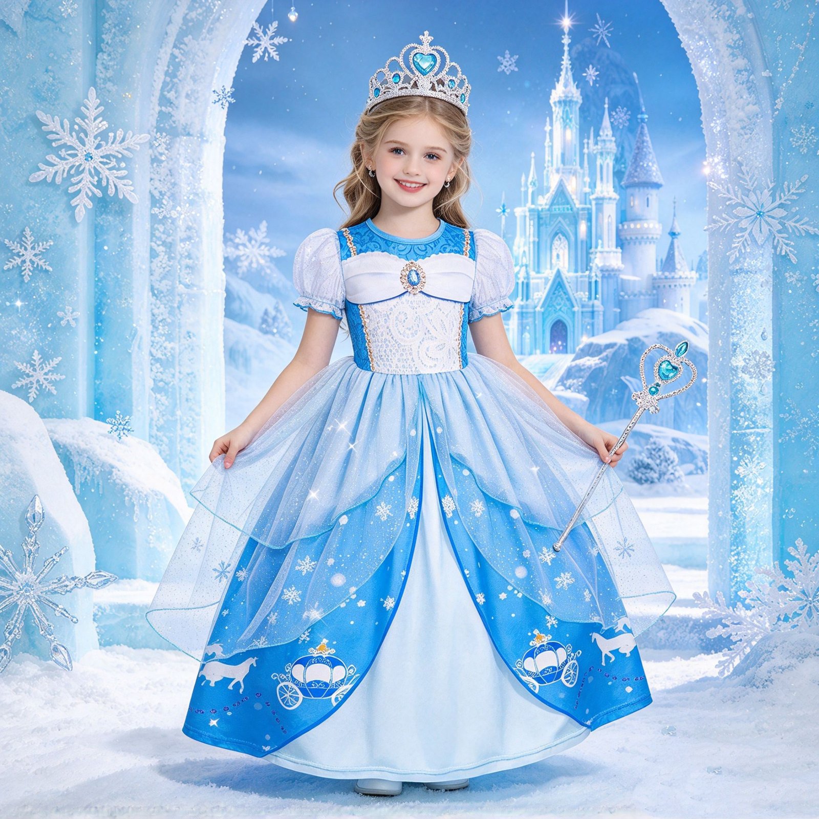 Jurebecia Girls Blue Princess Dress up Costume 3 Piece Set with Crown and Wand Carriage Print Tulle Party Dresses 5-6 Years - 图片 15