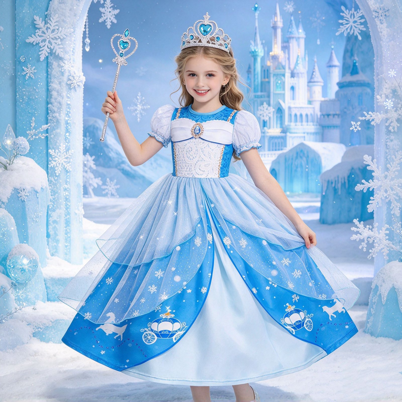 Jurebecia Girls Blue Princess Dress up Costume 3 Piece Set with Crown and Wand Carriage Print Tulle Party Dresses 5-6 Years - 图片 14
