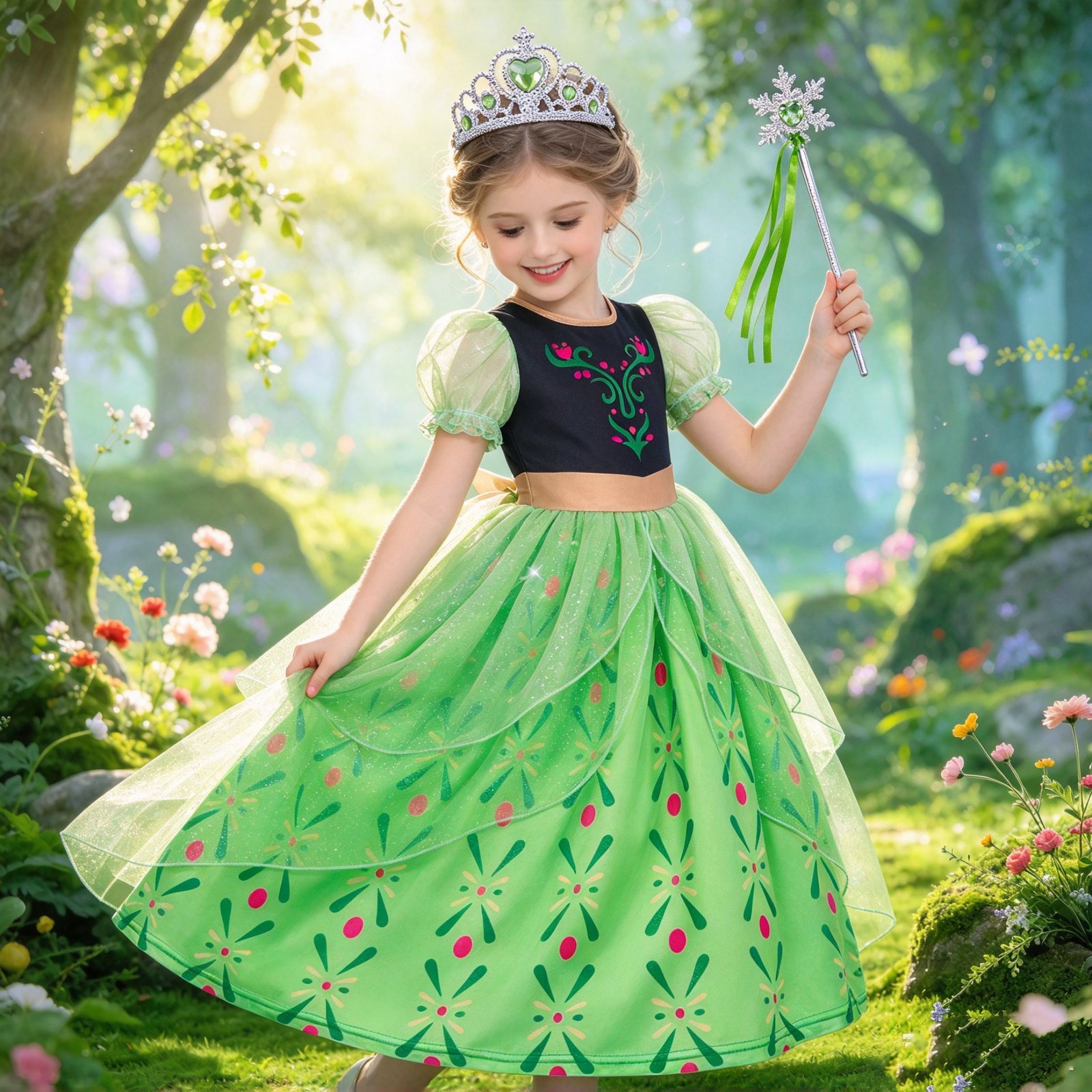 Jurebecia Girls Green Princess Dress up Costume 3-Piece Set with Crown and Wand Nordic Floral Tulle Party Dresses - 图片 15