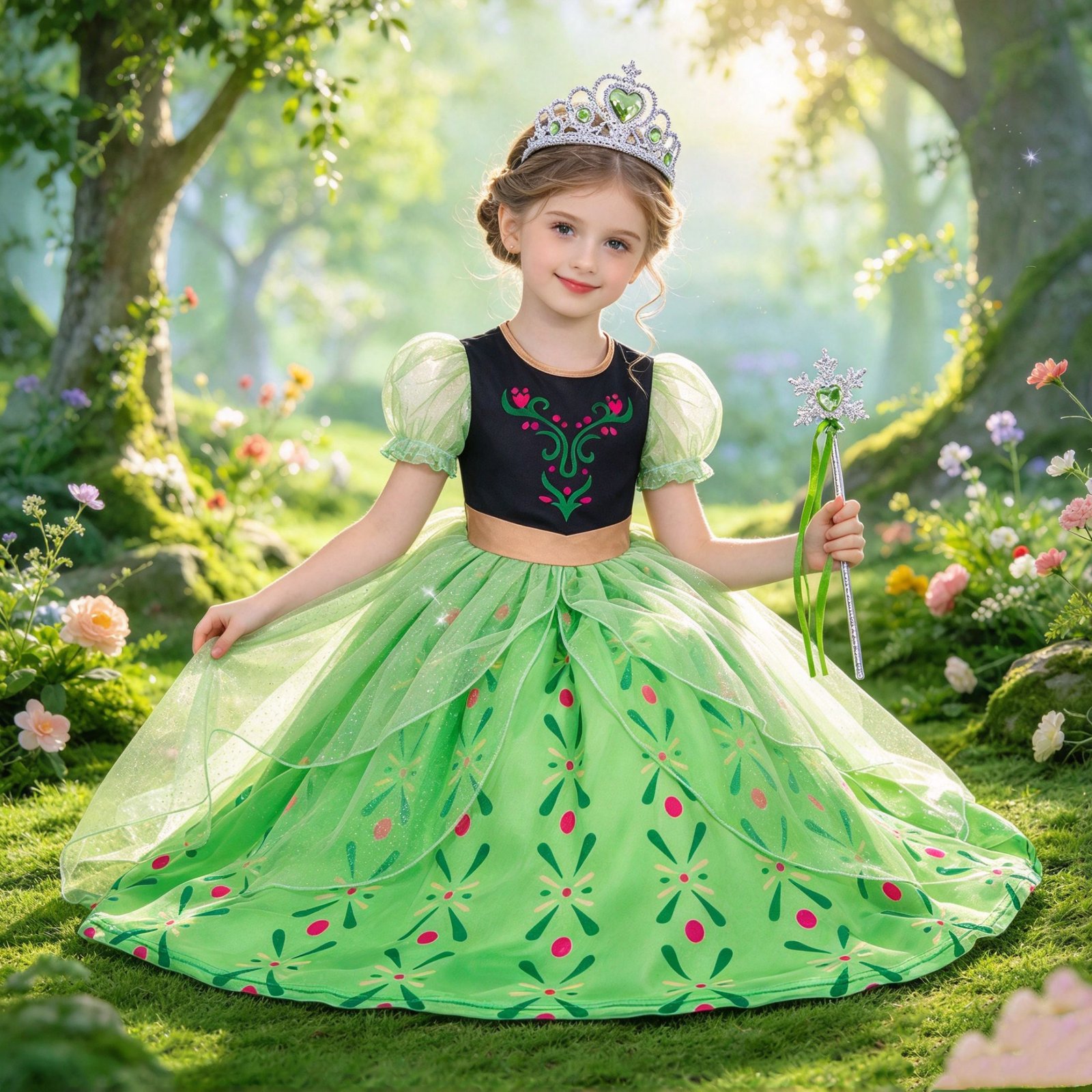 Jurebecia Girls Green Princess Dress up Costume 3-Piece Set with Crown and Wand Nordic Floral Tulle Party Dresses - 图片 16