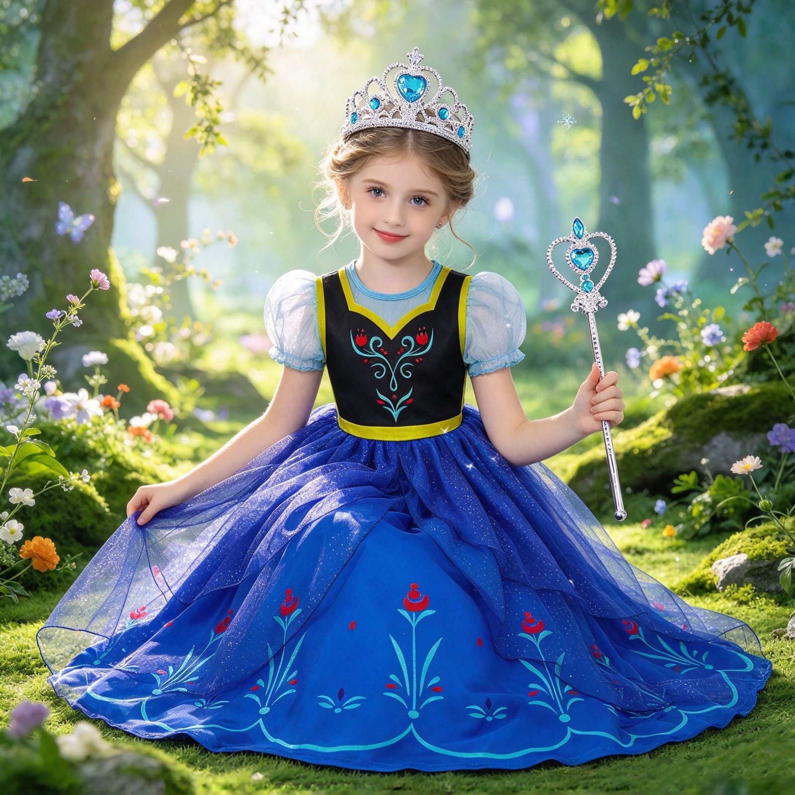 Jurebecia Girls Royal Blue Dress up Costume 3-Piece Set with Crown and Wand - Nordic Floral Tulle Party Dresses 3-4 Years - 图片 14