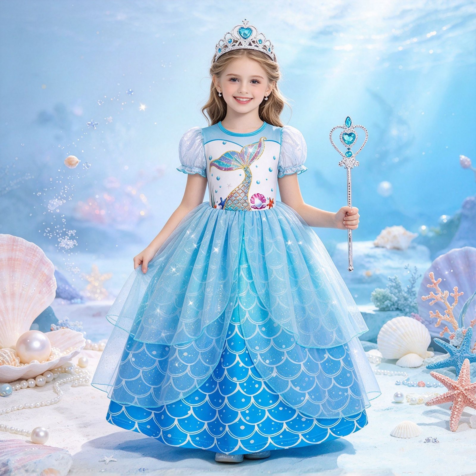 Jurebecia Girls Mermaid Princess Dress up Costume 3 Piece Set with Crown and Wand Ocean Fish Scale Tulle Outfit 5-6 Years - 图片 8