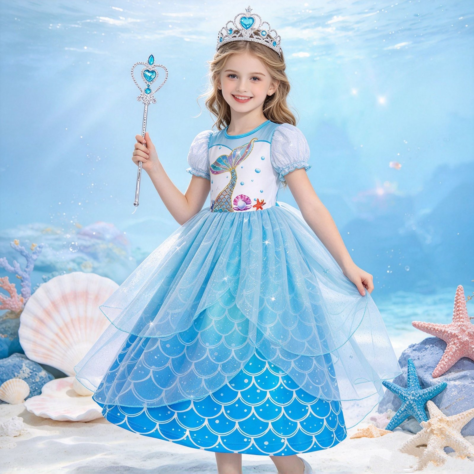 Jurebecia Girls Mermaid Princess Dress up Costume 3 Piece Set with Crown and Wand Ocean Fish Scale Tulle Outfit 5-6 Years - 图片 7