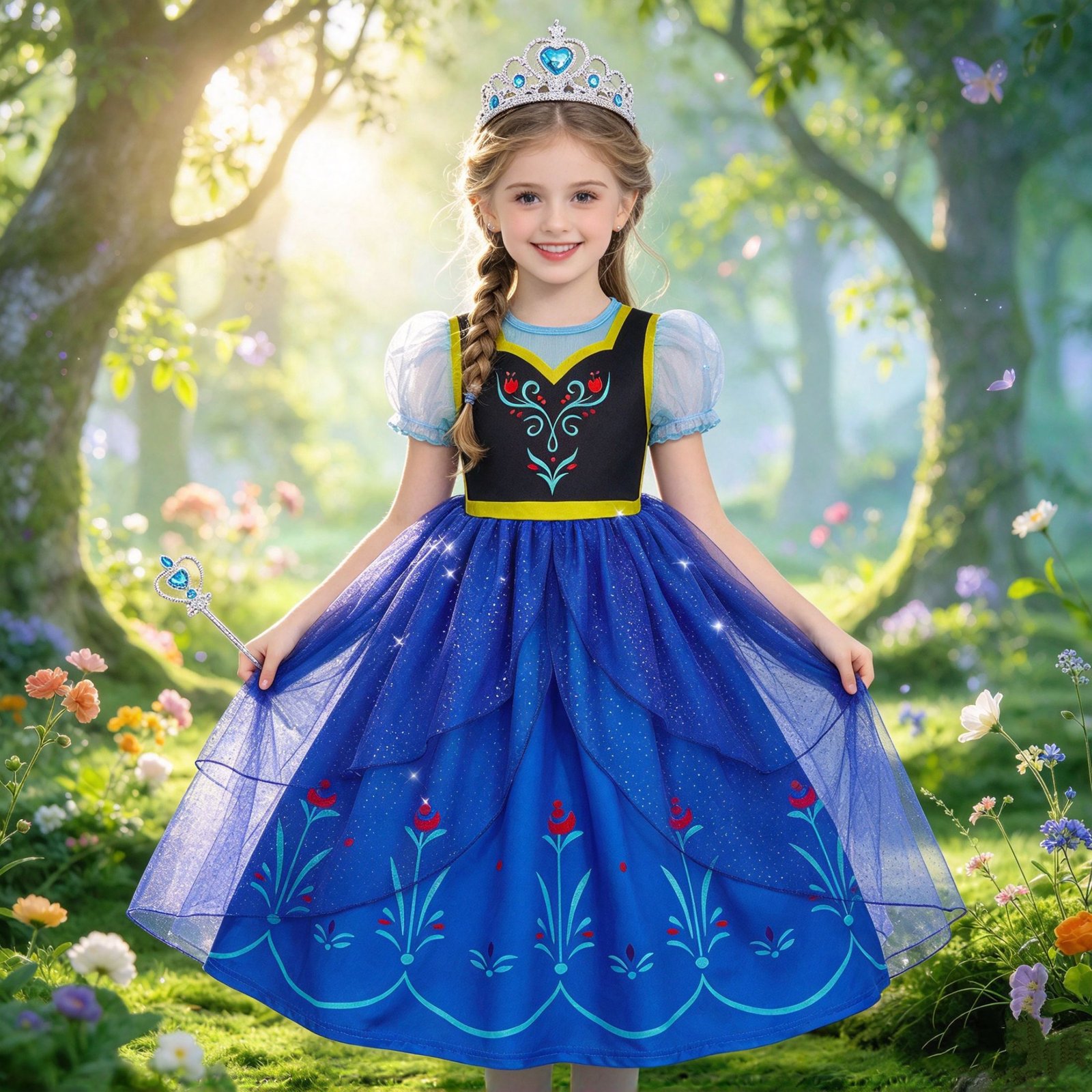 Jurebecia Girls Royal Blue Dress up Costume 3-Piece Set with Crown and Wand - Nordic Floral Tulle Party Dresses 3-4 Years - 图片 15